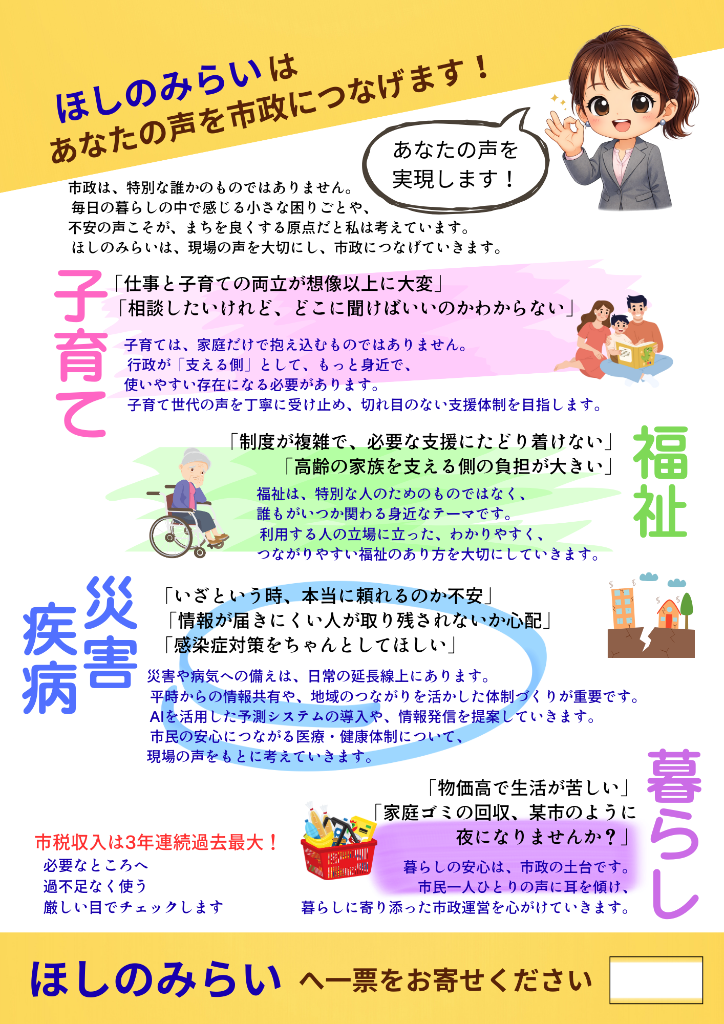 選挙ビラ サンプル（裏面）- ほしのみらい